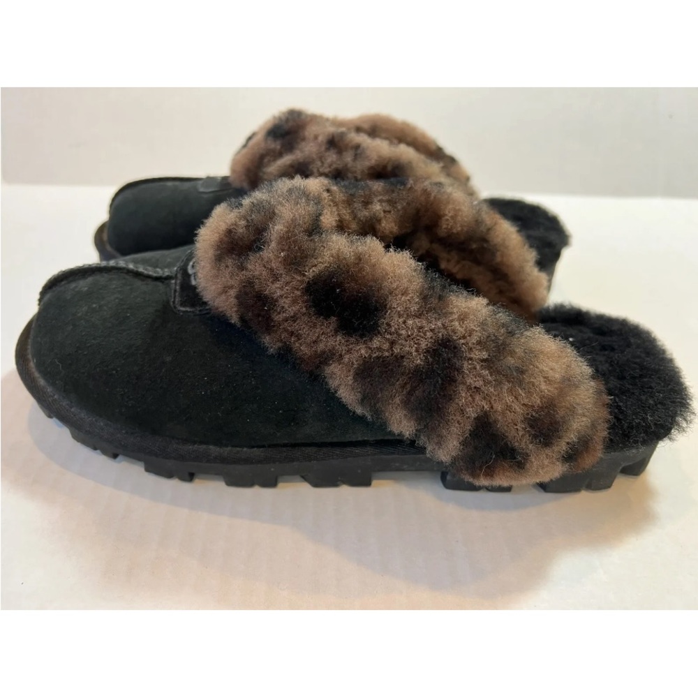 Ugg Coquette fur shearling cheetah slippers, black leopard print size 8